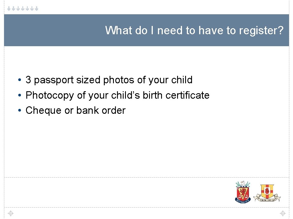 What do I need to have to register? • 3 passport sized photos of