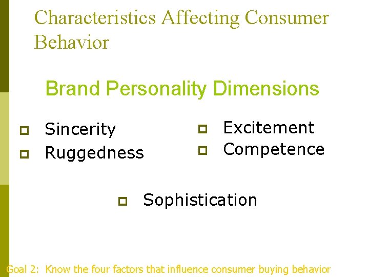 Characteristics Affecting Consumer Behavior Brand Personality Dimensions p p Sincerity Ruggedness p p p