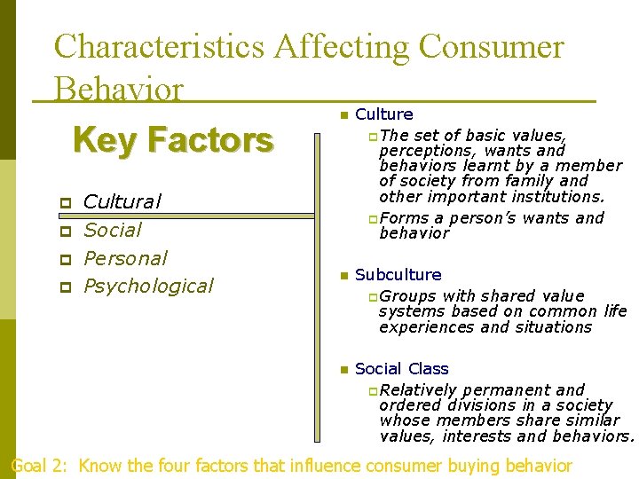 Characteristics Affecting Consumer Behavior Culture The set of basic values, Key Factors perceptions, wants