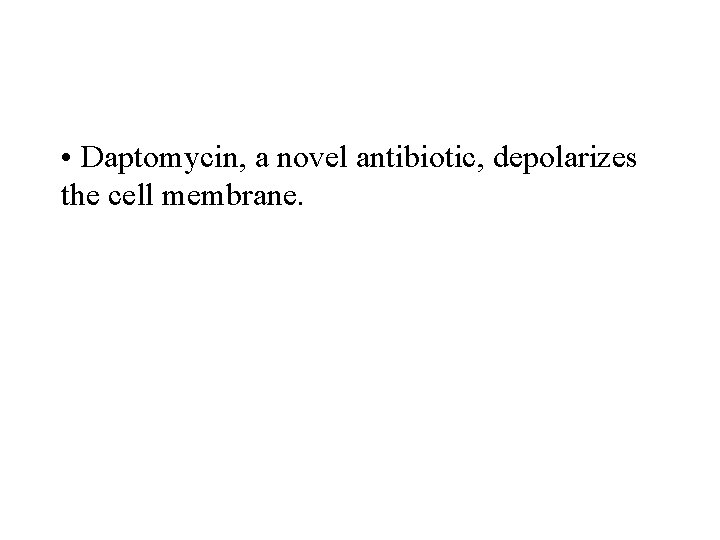  • Daptomycin, a novel antibiotic, depolarizes the cell membrane. 