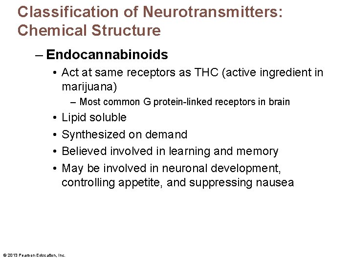 Classification of Neurotransmitters: Chemical Structure – Endocannabinoids • Act at same receptors as THC