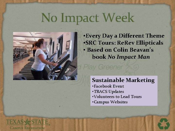 No Impact Week • Every Day a Different Theme • SRC Tours: Re. Rev