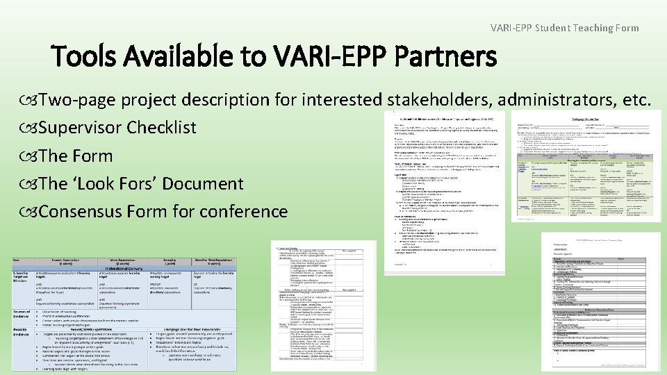 VARI-EPP Student Teaching Form Tools Available to VARI-EPP Partners Two-page project description for interested