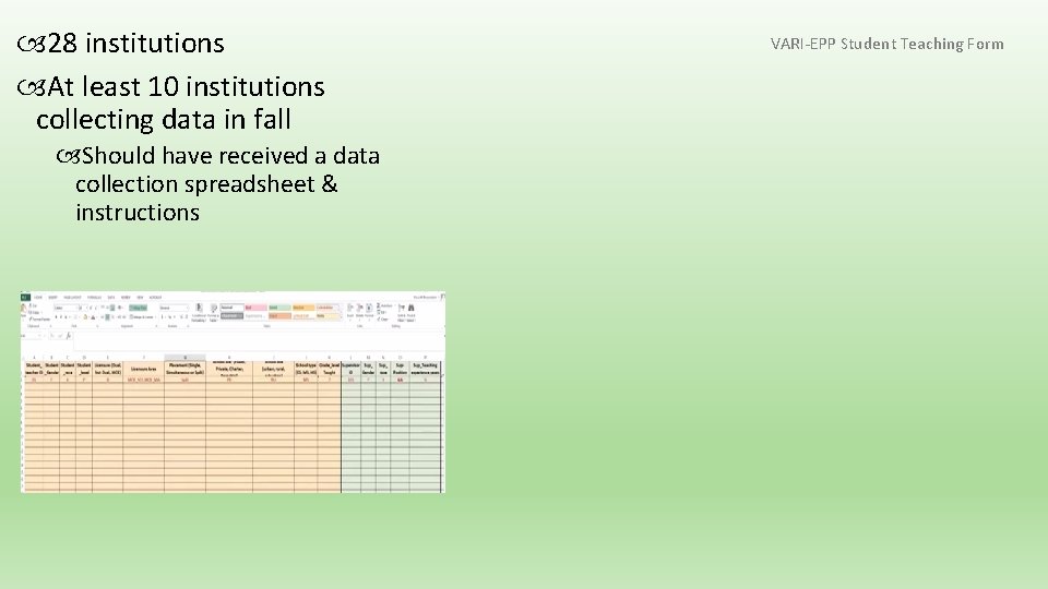  28 institutions At least 10 institutions collecting data in fall Should have received
