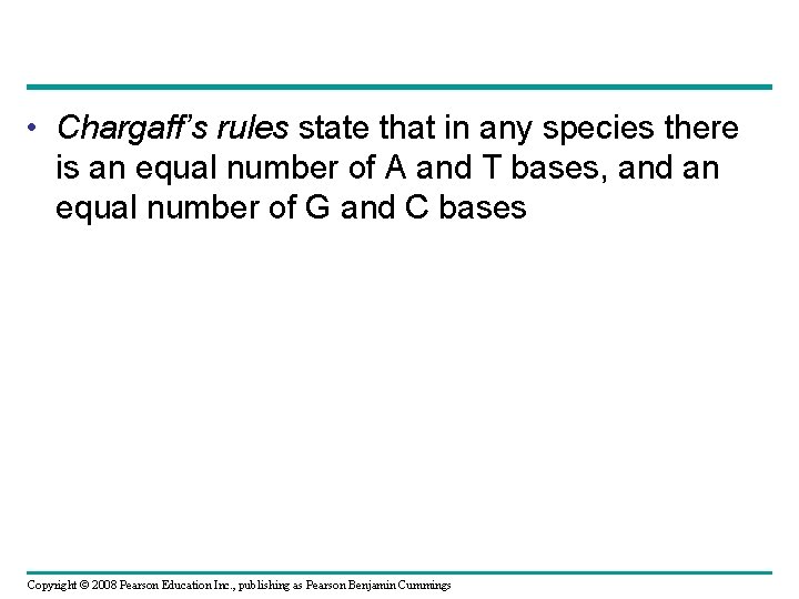  • Chargaff’s rules state that in any species there is an equal number