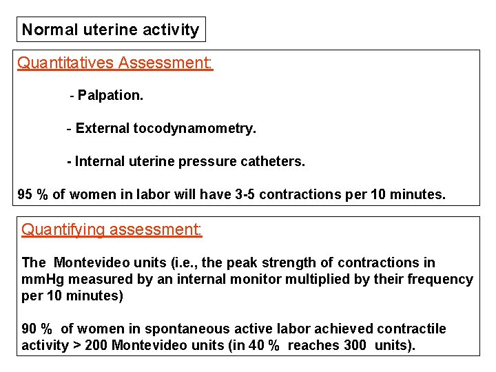 Normal uterine activity Quantitatives Assessment: - Palpation. - External tocodynamometry. - Internal uterine pressure