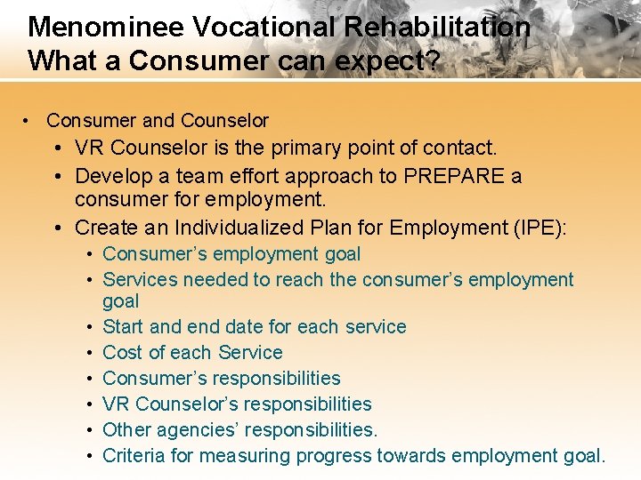 Menominee Vocational Rehabilitation What a Consumer can expect? • Consumer and Counselor • VR