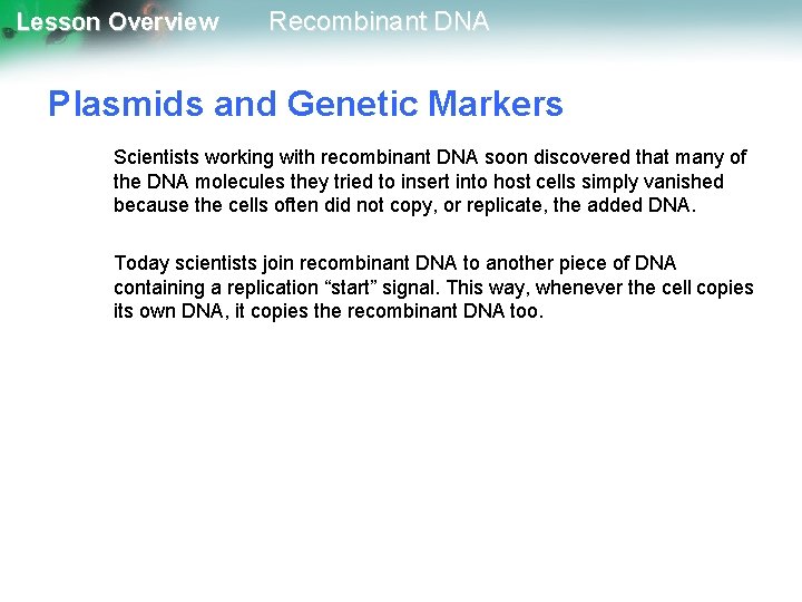 Lesson Overview Recombinant DNA Plasmids and Genetic Markers Scientists working with recombinant DNA soon