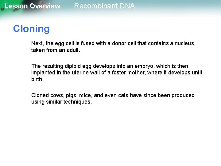 Lesson Overview Recombinant DNA Cloning Next, the egg cell is fused with a donor
