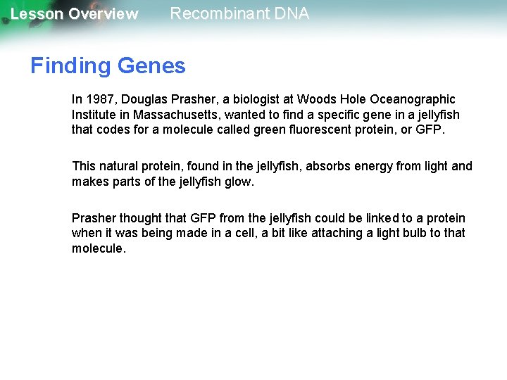 Lesson Overview Recombinant DNA Finding Genes In 1987, Douglas Prasher, a biologist at Woods