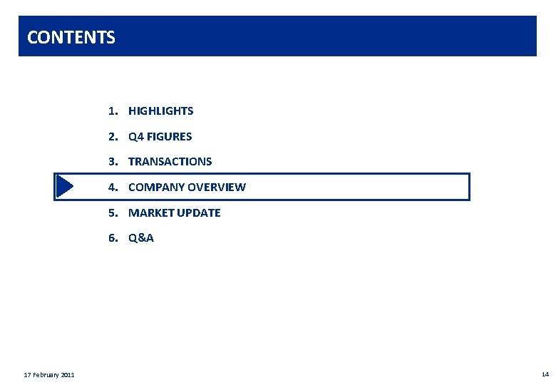 Private & confidential CONTENTS 1. HIGHLIGHTS 2. Q 4 FIGURES 3. TRANSACTIONS 4. COMPANY