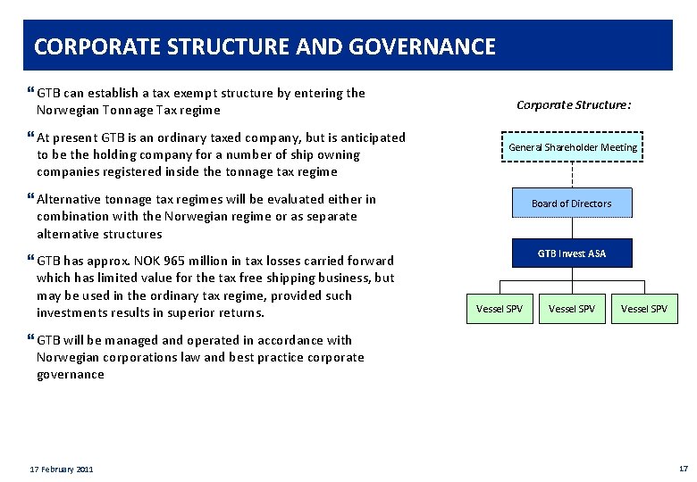 Private & confidential CORPORATE STRUCTURE AND GOVERNANCE } GTB can establish a tax exempt