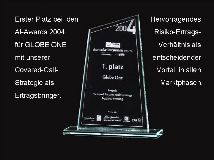 Erster Platz bei den Hervorragendes AI-Awards 2004 Risiko-Ertrags- für GLOBE ONE Verhältnis als mit