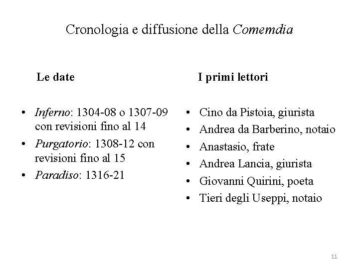 Cronologia e diffusione della Comemdia Le date • Inferno: 1304 -08 o 1307 -09