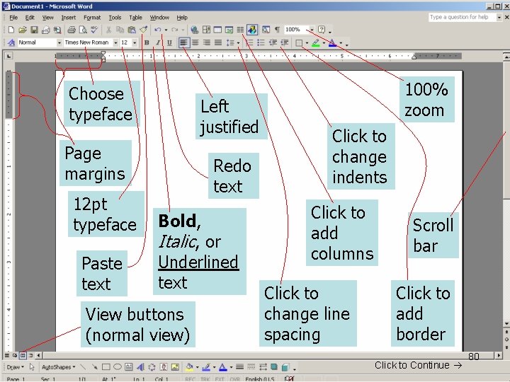 Choose typeface Left justified Page margins 12 pt typeface Paste text Redo text Bold,