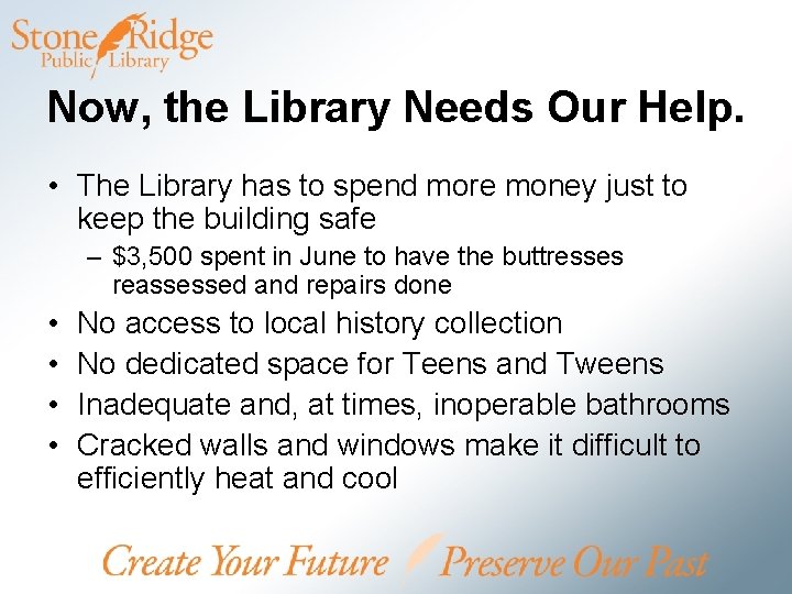 Now, the Library Needs Our Help. • The Library has to spend more money