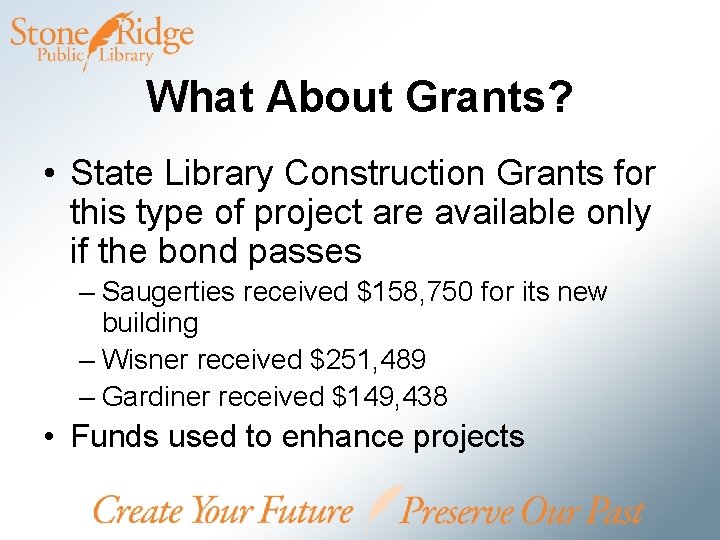 What About Grants? • State Library Construction Grants for this type of project are