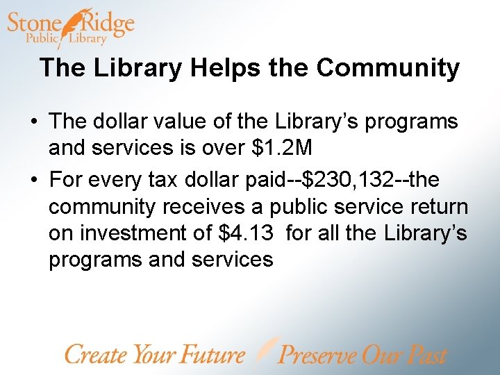 The Library Helps the Community • The dollar value of the Library’s programs and
