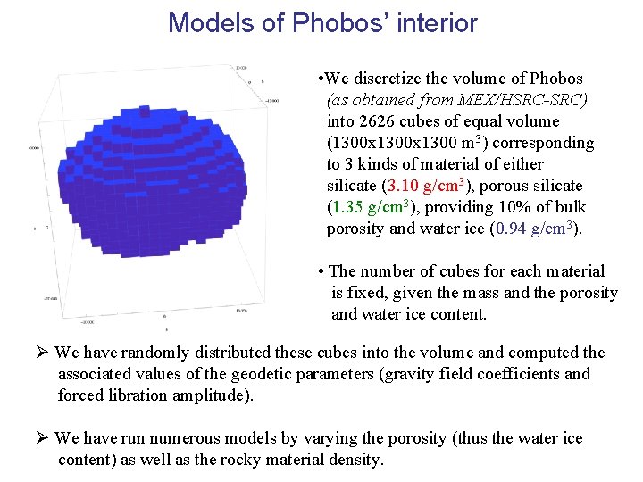 Models of Phobos’ interior • We discretize the volume of Phobos (as obtained from