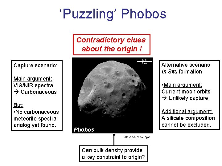 ‘Puzzling’ Phobos Contradictory clues about the origin ! Alternative scenario In Situ formation Capture