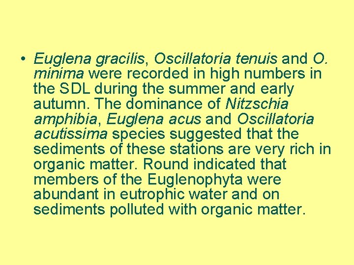  • Euglena gracilis, Oscillatoria tenuis and O. minima were recorded in high numbers