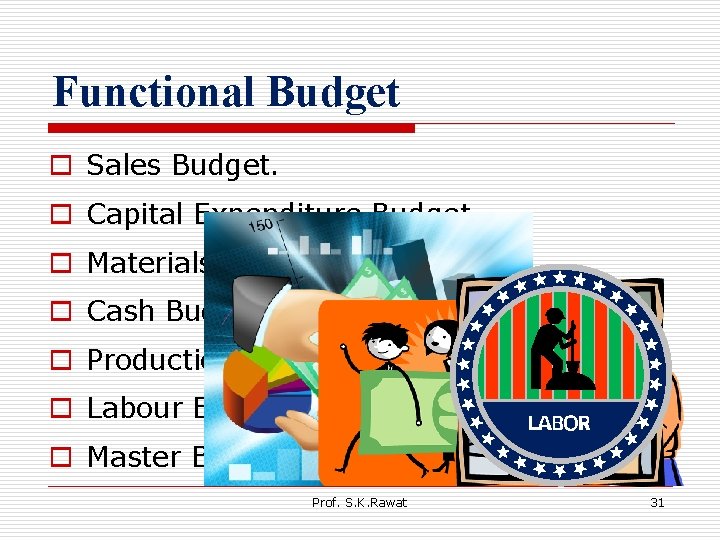 Functional Budget o Sales Budget. o Capital Expenditure Budget. o Materials & Purchase Budget.