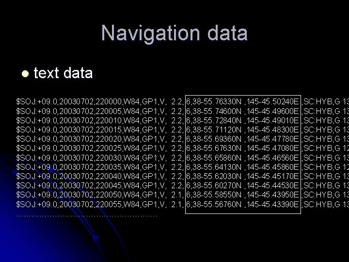 Navigation data l text data $SOJ: +09. 0, 20030702, 220000, W 84, GP 1,