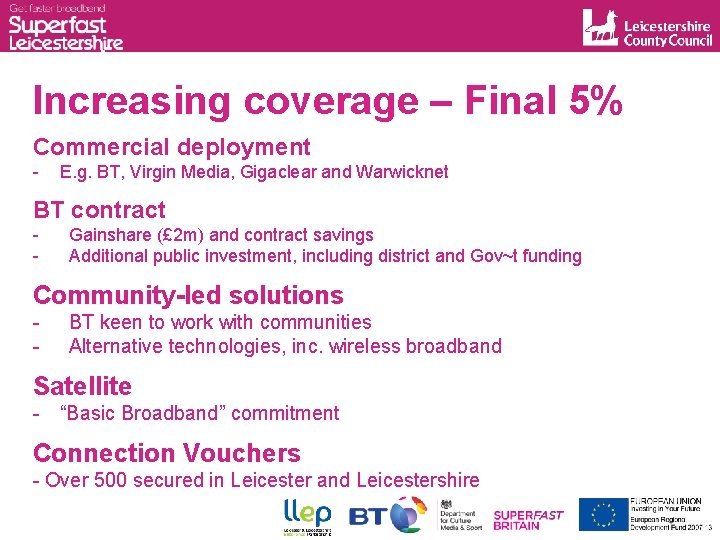 Increasing coverage – Final 5% Commercial deployment - E. g. BT, Virgin Media, Gigaclear