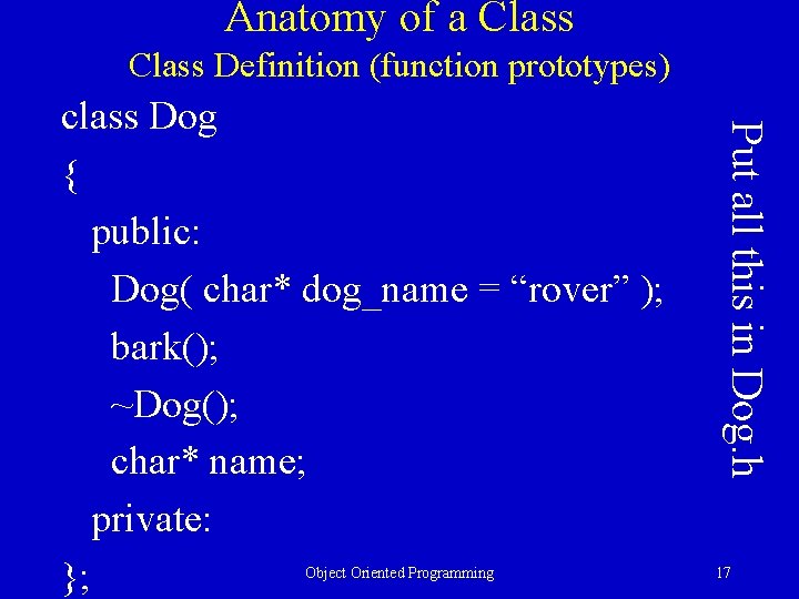 Anatomy of a Class Definition (function prototypes) Object Oriented Programming Put all this in