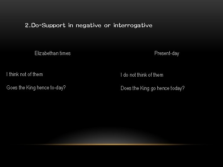 2. Do-Support in negative or interrogative Elizabethan times Present-day I think not of them