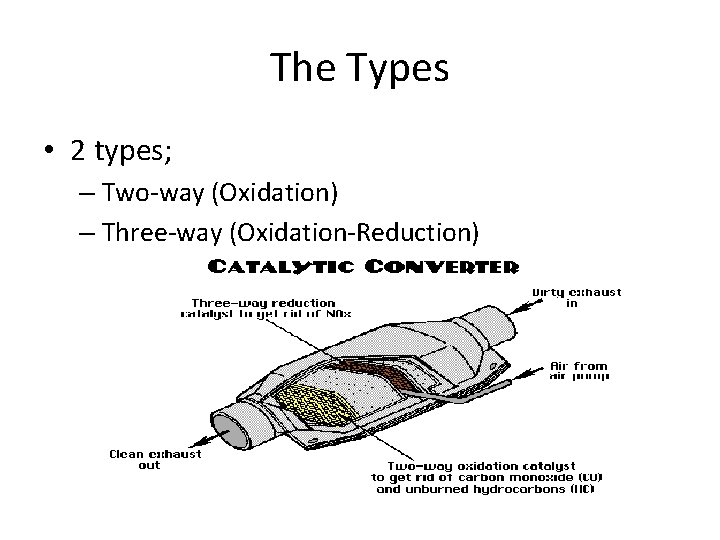 The Types • 2 types; – Two-way (Oxidation) – Three-way (Oxidation-Reduction) 