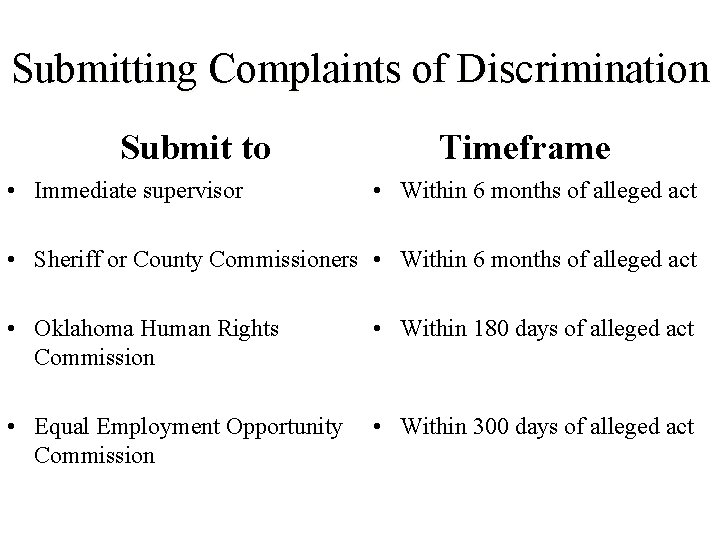 Submitting Complaints of Discrimination Submit to • Immediate supervisor Timeframe • Within 6 months