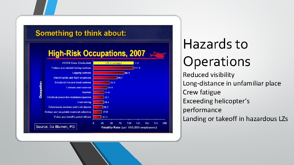 Hazards to Operations Reduced visibility Long-distance in unfamiliar place Crew fatigue Exceeding helicopter’s performance