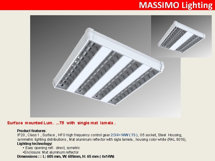 MASSIMO Lighting Surface mounted Lum. . T 5 with single mat lamela. Product features: