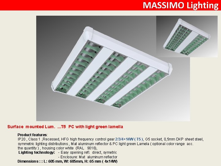 MASSIMO Lighting Surface mounted Lum. . T 5 PC with light green lamella Product