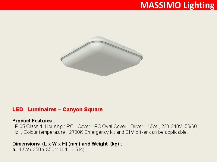 MASSIMO Lighting LED Luminaires – Canyon Square Product Features : IP 65 Class 1,