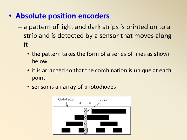 • Absolute position encoders – a pattern of light and dark strips is