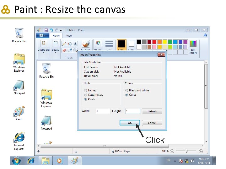 Paint : Resize the canvas Click 