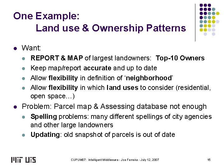 One Example: Land use & Ownership Patterns l Want: l l l REPORT &