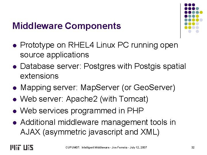 Middleware Components l l l Prototype on RHEL 4 Linux PC running open source