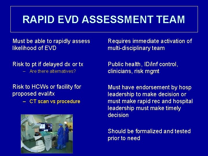 RAPID EVD ASSESSMENT TEAM Must be able to rapidly assess likelihood of EVD Requires