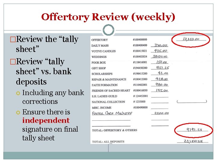 Offertory Review (weekly) �Review the “tally sheet” �Review “tally sheet” vs. bank deposits Including