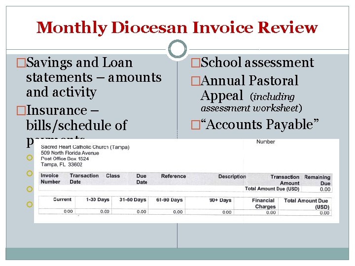 Monthly Diocesan Invoice Review �Savings and Loan statements – amounts and activity �Insurance –