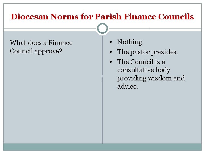 Diocesan Norms for Parish Finance Councils What does a Finance Council approve? • Nothing.
