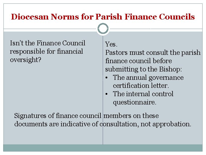 Diocesan Norms for Parish Finance Councils Isn’t the Finance Council responsible for financial oversight?