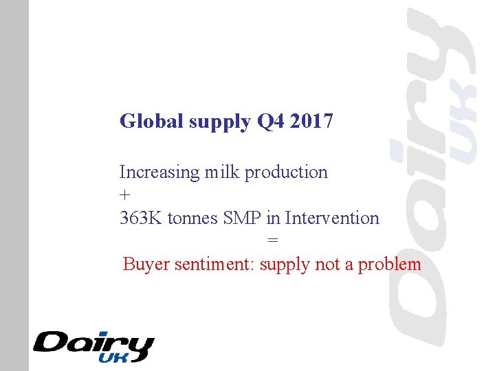 Global supply Q 4 2017 Increasing milk production + 363 K tonnes SMP in