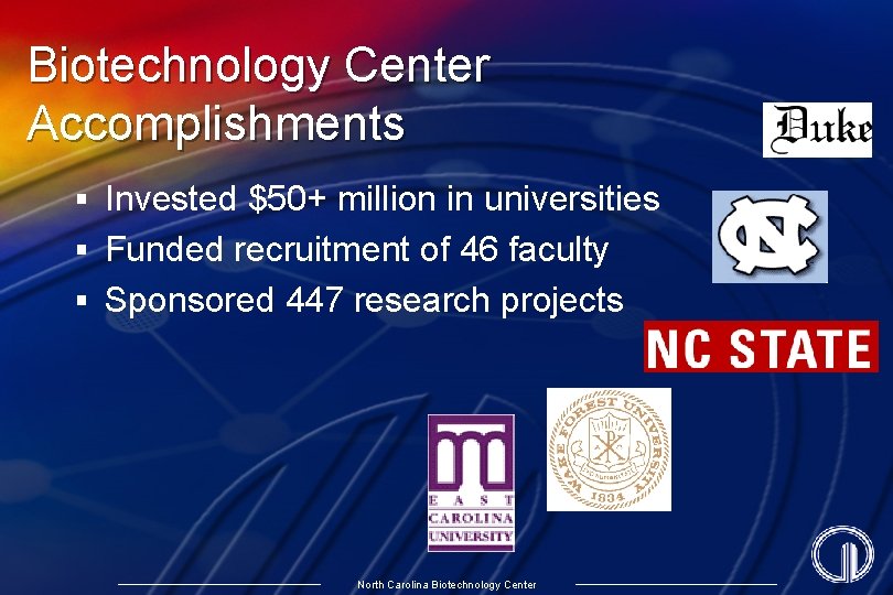 Biotechnology Center Accomplishments § Invested $50+ million in universities § Funded recruitment of 46