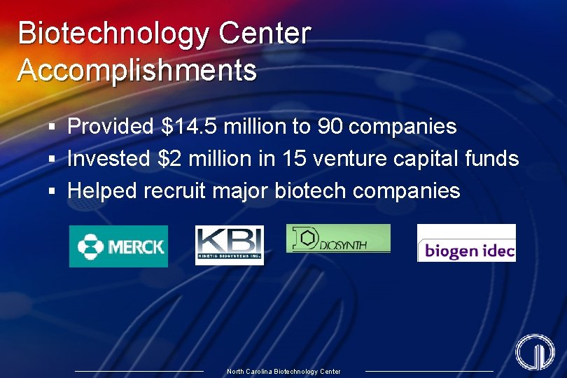 Biotechnology Center Accomplishments § Provided $14. 5 million to 90 companies § Invested $2