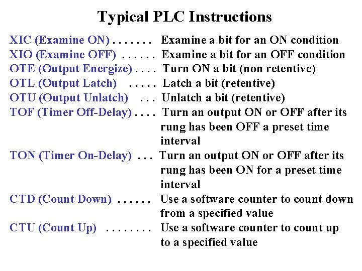Typical PLC Instructions XIC (Examine ON). . . . XIO (Examine OFF). . .