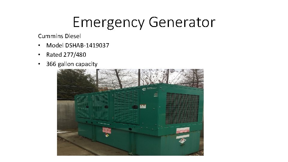 Emergency Generator Cummins Diesel • Model DSHAB-1419037 • Rated 277/480 • 366 gallon capacity